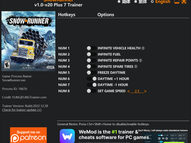 Snow Runner Trainer Cheats For Pc